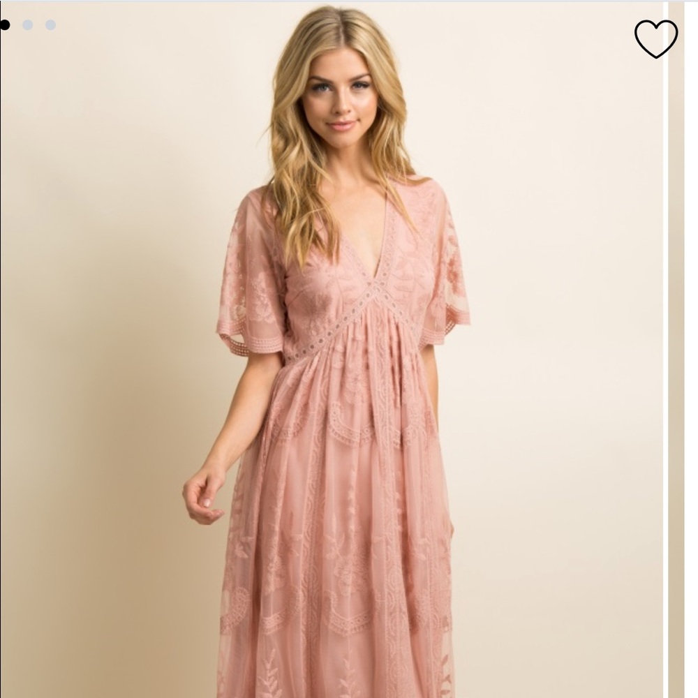 Light Pink Lace Mesh Overlay Maxi Dress